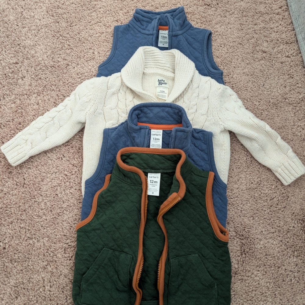 Carter's Cozy Knit and Quilted Vests Trio - Cream, Blue, Green